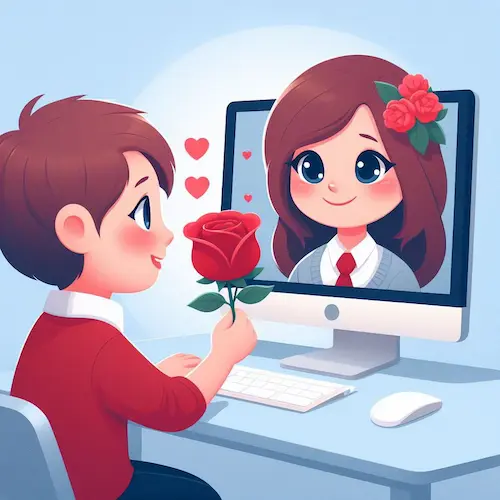  پسری با یک گل سرخ در دستش که می‌خواهد به دختری بدهد که در نمایشگر کامپویتر است